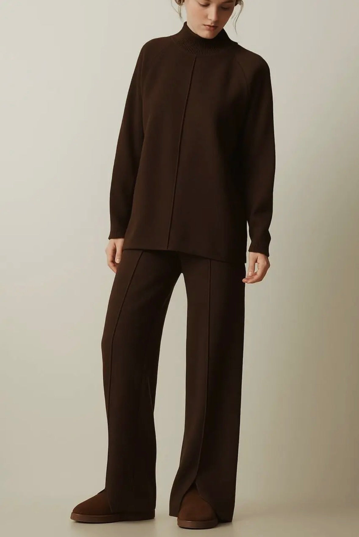 long sweater and relax fit wide leg trousers