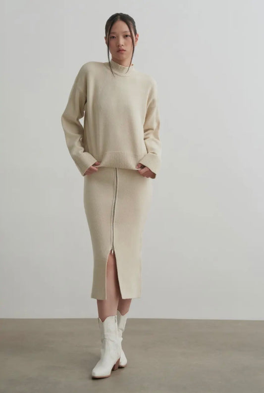 Beige Knit sweater and zippered long skirt set